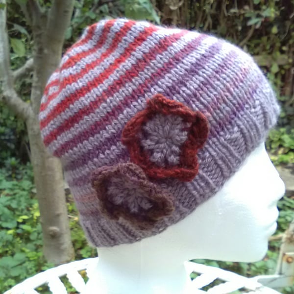 Handknit Noro BFL stripey Hat with flowers Lavender, Reds Purple mix MED