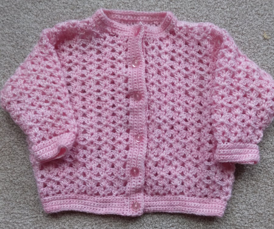 Baby's Cardigan crocheted in pink acrylic Age 6-12 months