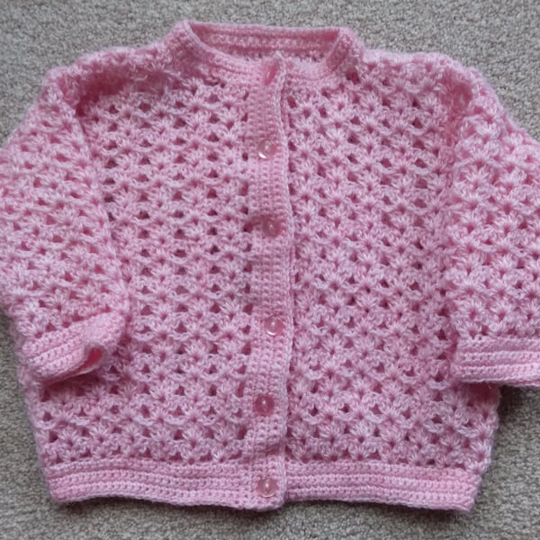 Baby's Cardigan crocheted in pink acrylic Age 6-12 months