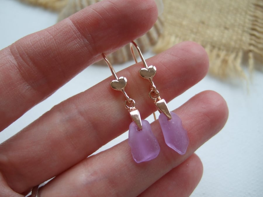 Purple sea glass earring, Neodymium beach heart studs, color changing, rose gold