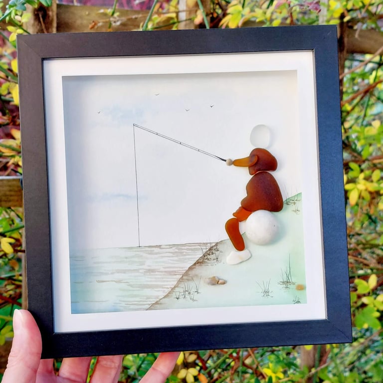 Sea Glass Fishing Artwork, Handmade Angler Gift, Coastal Watercolour Wall Art