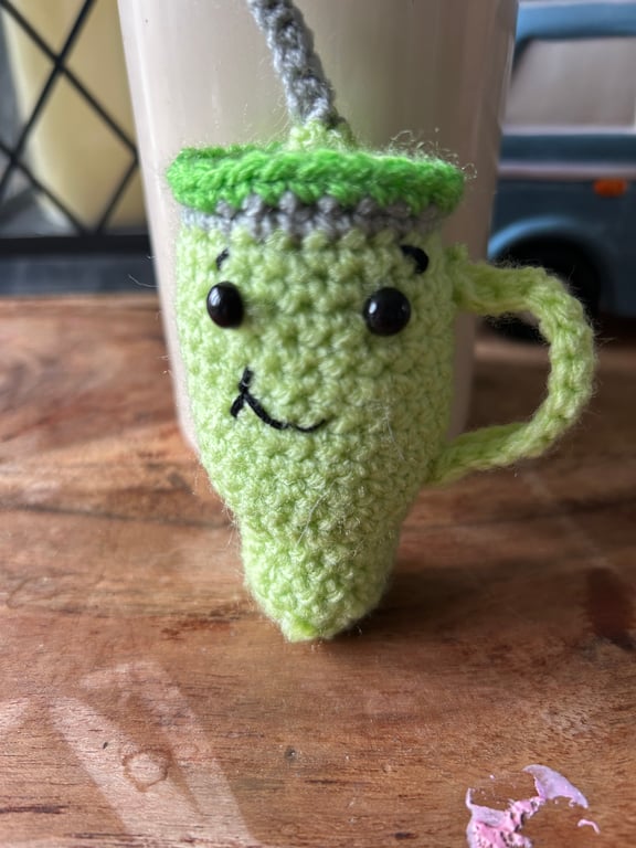 Handmade Green Stanley Cup Keyring – Wool with Safety Eyes (3 Inches Tall)