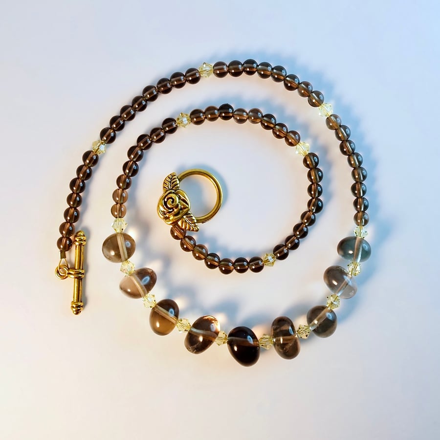 Smoky Quartz Necklace With Yellow Swarovski Crystals - Handmade In Devon