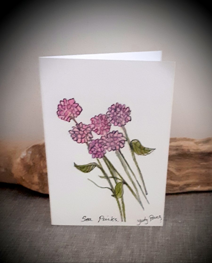 Hand drawn coastal sea pink flowers card 