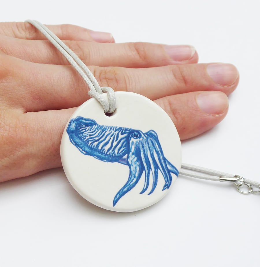 Handmade Cuttlefish Ceramic Pendant on Light Grey Cord Necklace
