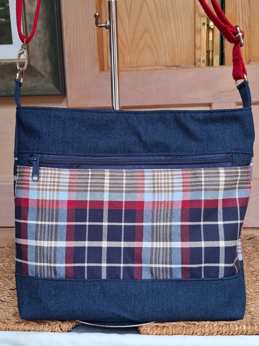 Navy denim and tartan bag