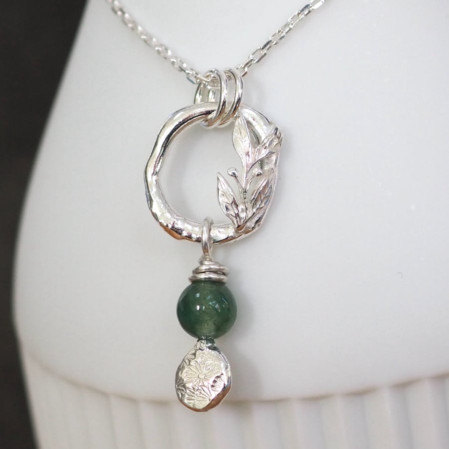 Green moss agate silver leaf necklace, recycled sterling silver pendant necklace