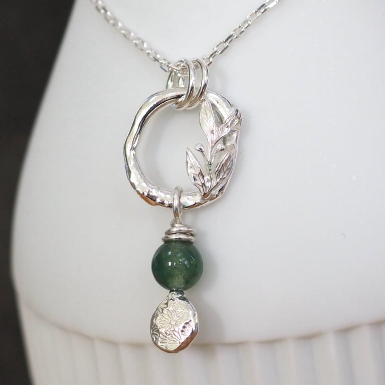 Green moss agate silver leaf necklace, recycled sterling silver pendant necklace