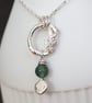 Green moss agate silver leaf necklace, recycled sterling silver pendant necklace