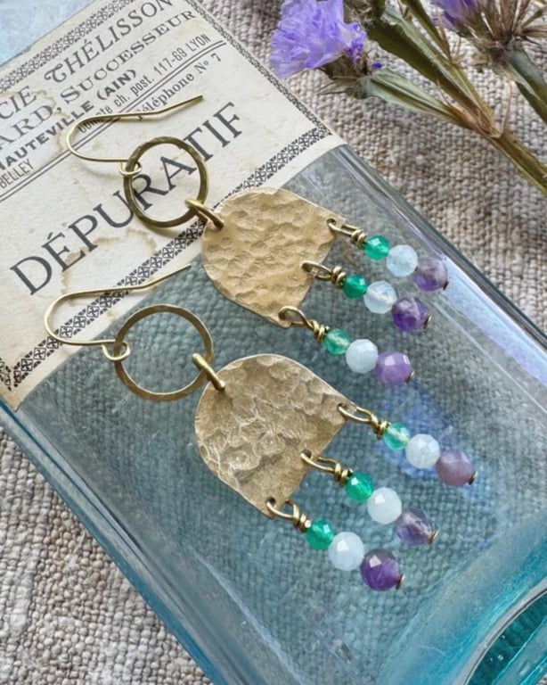 Golden brass long dangle earrings with Amethyst, Aquamarine, Green Jade