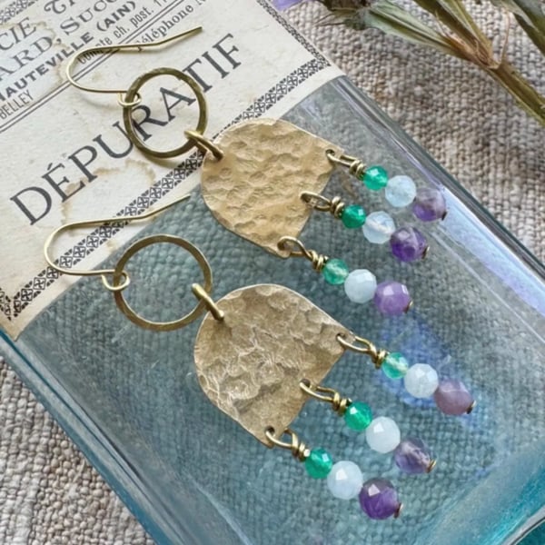 Golden brass long dangle earrings with Amethyst, Aquamarine, Green Jade