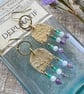 Golden brass long dangle earrings with Amethyst, Aquamarine, Green Jade