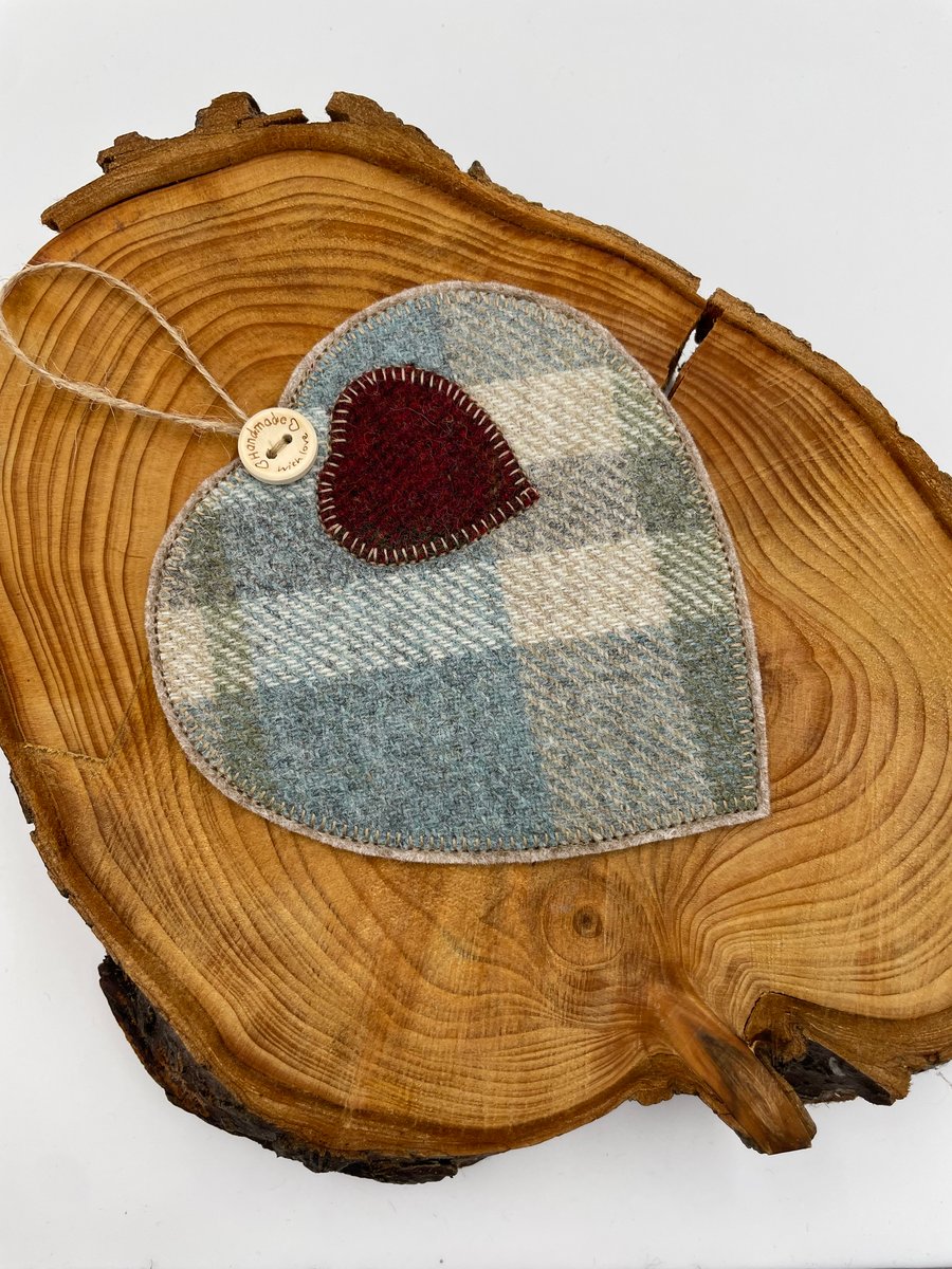 Heart shape appliqué tweed mug rug, coaster