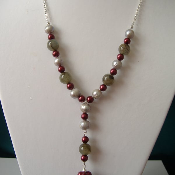 Labradorite, Shell & Cultured Pearl Necklace  - Handmade - Genuine Gemstone
