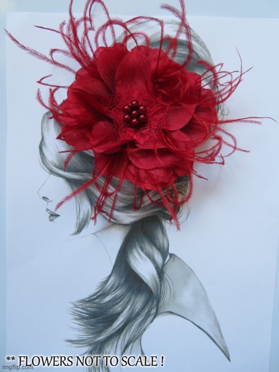 Burgundy Wine Rose Flower Feather Pearl Hair Clip Accessory Wedding Rockabilly