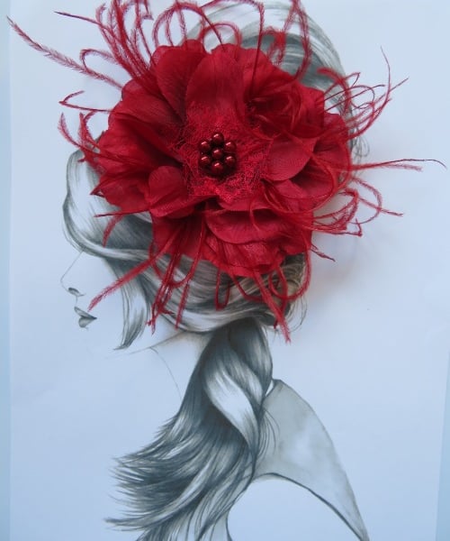 Burgundy Wine Rose Flower Feather Pearl Hair Clip Accessory Wedding Rockabilly