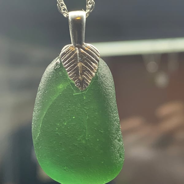 Sterling silver and dark green seaglass pendant