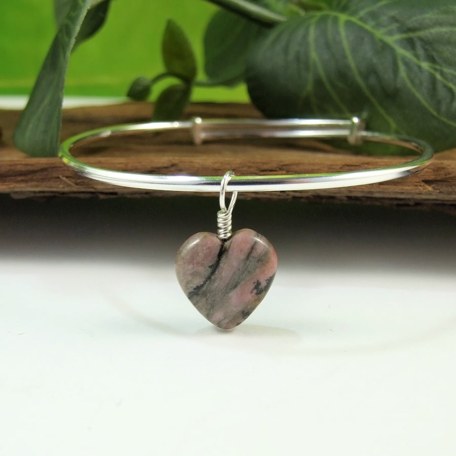 Sterling Silver Adjustable Fit Bangle with Rhodonite Heart