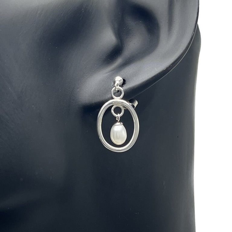 Oval Hoop Pearl Earrings- Handmade, Sterling Silver