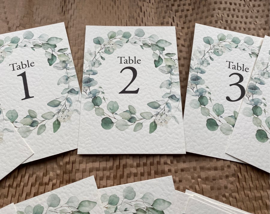 Eucalyptus greenery wreath foliage TABLE NUMBERS, leaves, rustic wedding A6 card