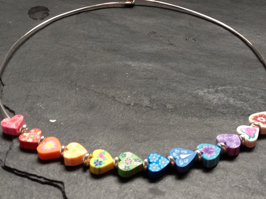 RESERVED  FOR LOUISE R Small Rainbow Hearts Kitsch Polymer Clay Silver Plated Ch