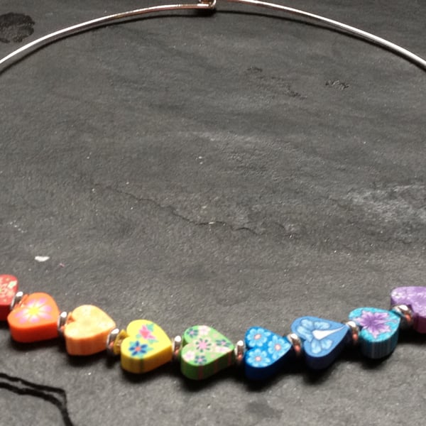 RESERVED  FOR LOUISE R Small Rainbow Hearts Kitsch Polymer Clay Silver Plated Ch