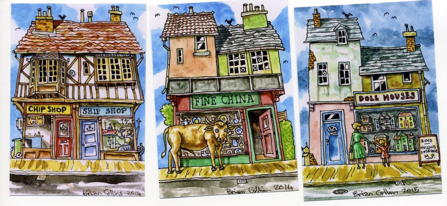 ACEO PRINTS x 3, Crazy Street Series,from Pen & watercolour originals set003