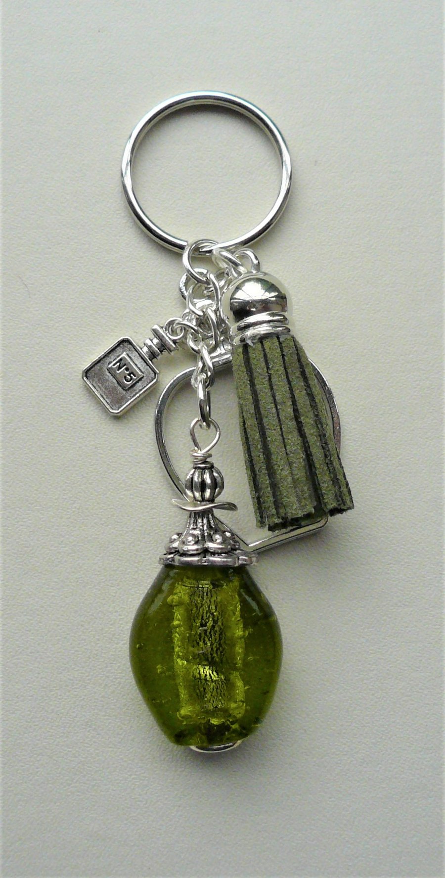 Keyring Bag Charm Green Glass Perfume Scent Bottle Tassel   KCJ1933