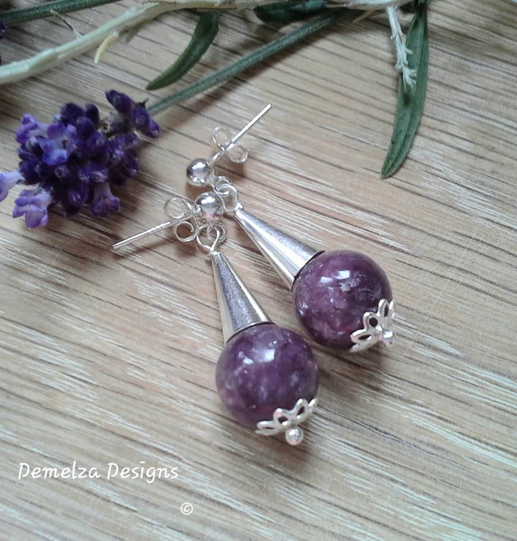 Designer Charoite Stud Sterling Silver Earrings
