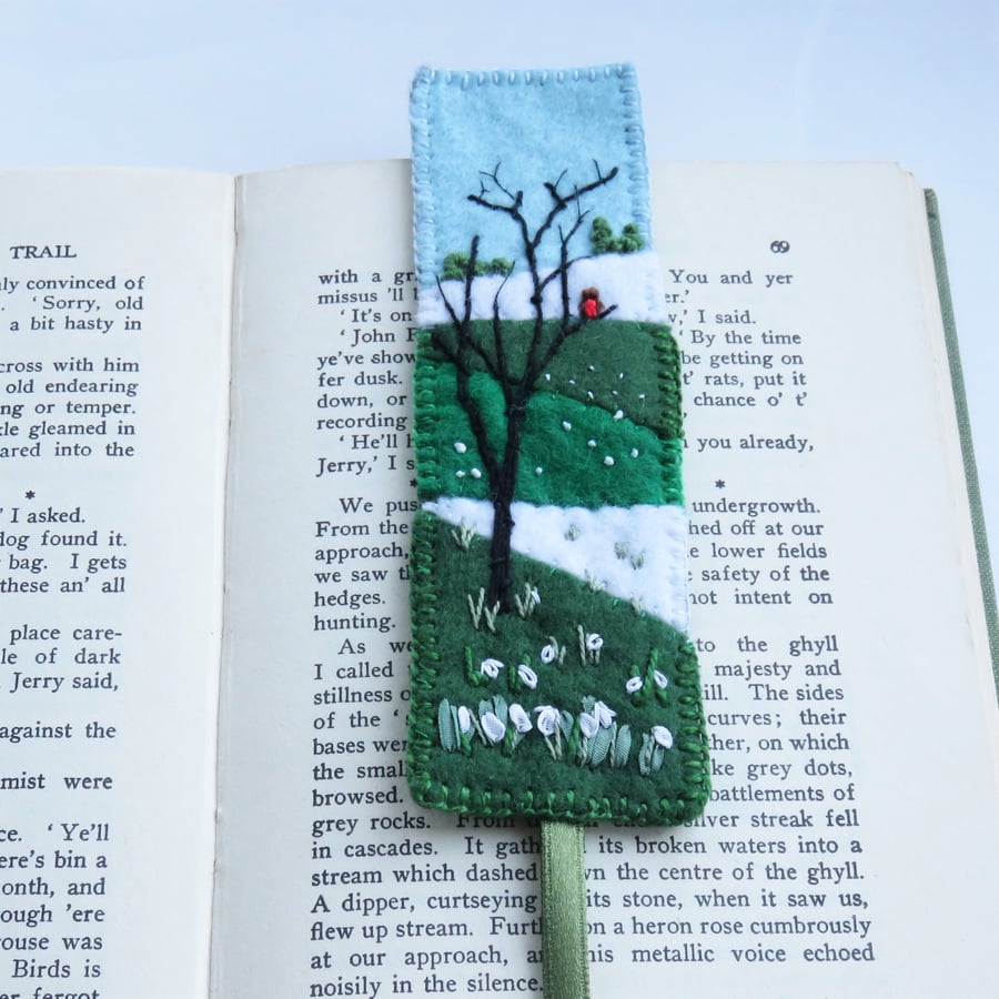 Snowdrops and Tiny Robin Embroidered Felt Bookmark