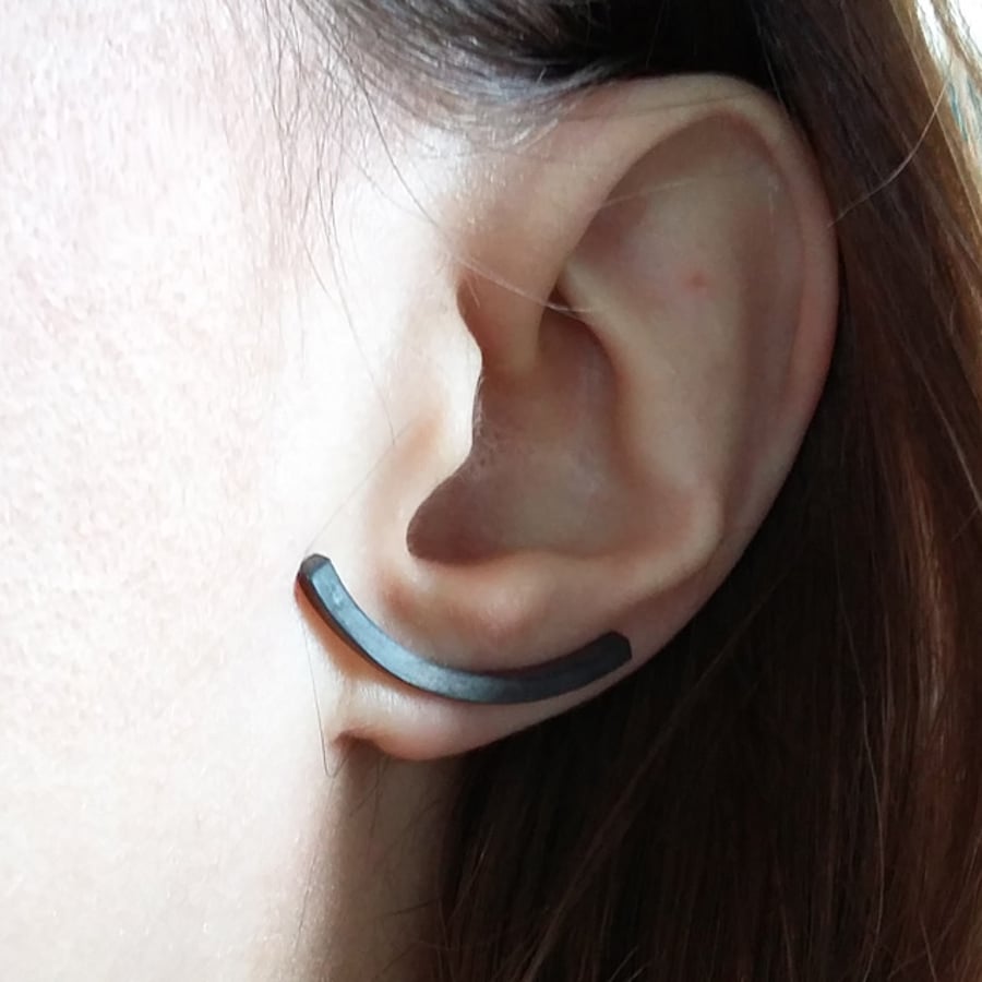 Curved Bar Stud Earrings in Oxidised Sterling Silver, Minimalist Jewellery