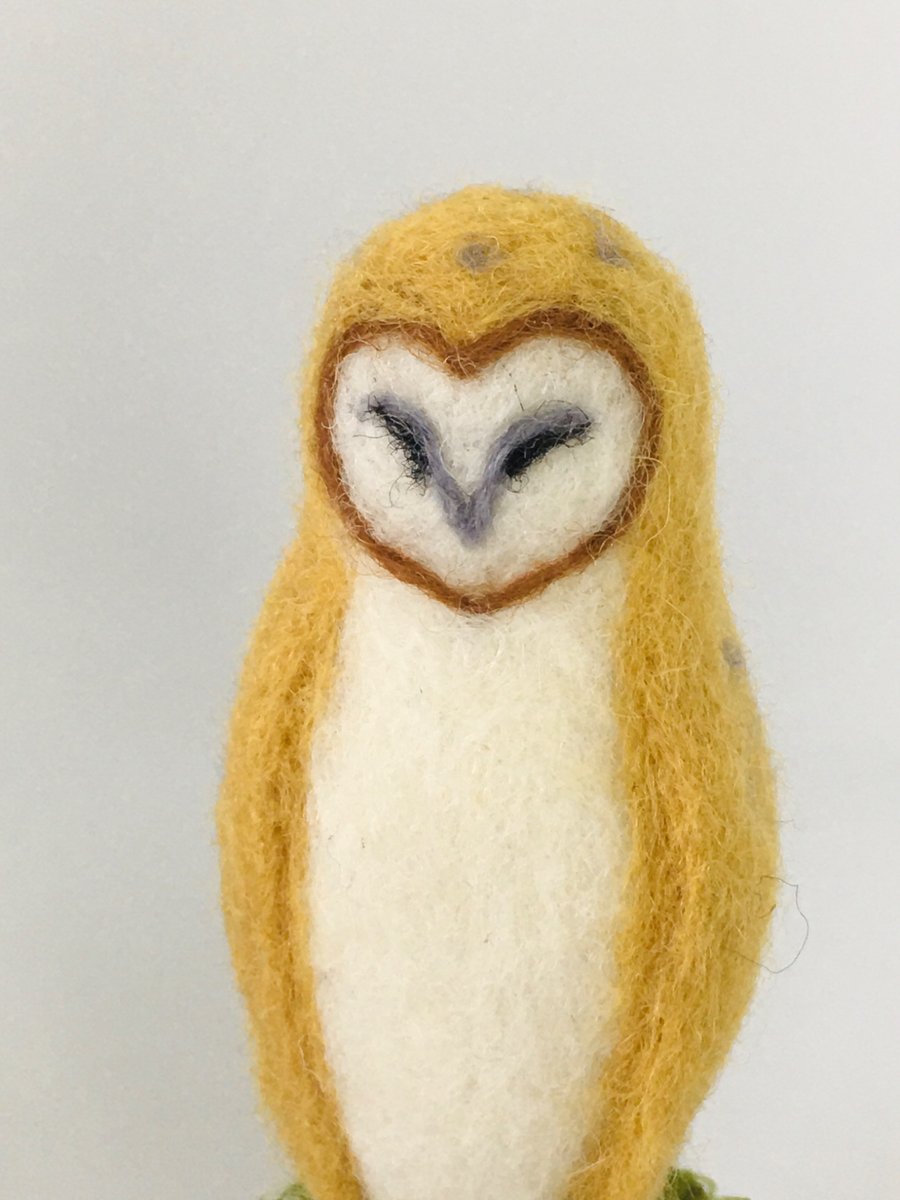 Needle Felt Barn Owl, Ornament, on Wooden Mount
