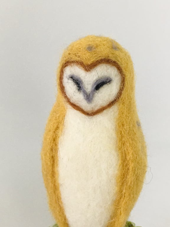 Needle Felt Barn Owl, Ornament, on Wooden Mount