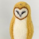 Needle Felt Barn Owl, Ornament, on Wooden Mount