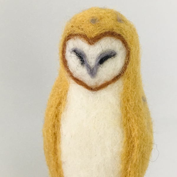 Needle Felt Barn Owl, Ornament, on Wooden Mount