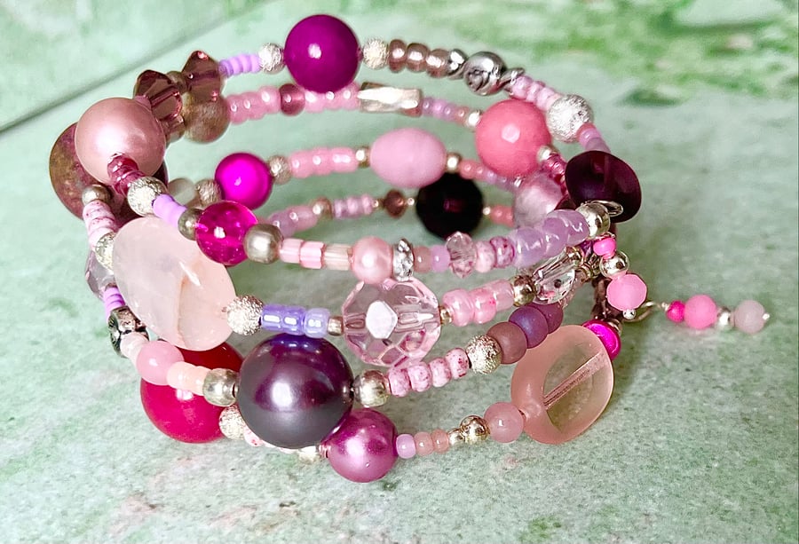 Purple & Pink Glass Bead Memory Wire Bracelet .236