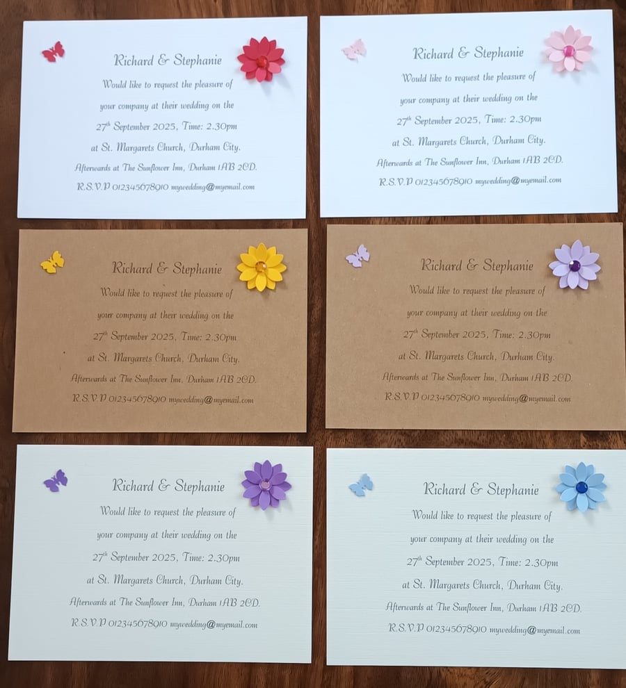 Wedding Invitation A6 Postcard. Daisy And Butterfly. Choice Of Colours