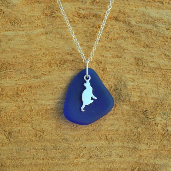 Blue beach glass pendant with cat charm