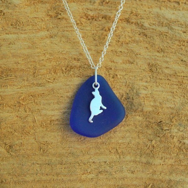 Blue beach glass pendant with cat charm