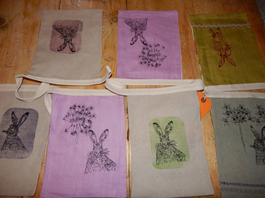 Hare and wild flower - Screen printed bunting 2.0 metres long