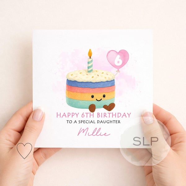 Personalised Girls Birthday Card Cute Rainbow Cake Card Custom Age & Name