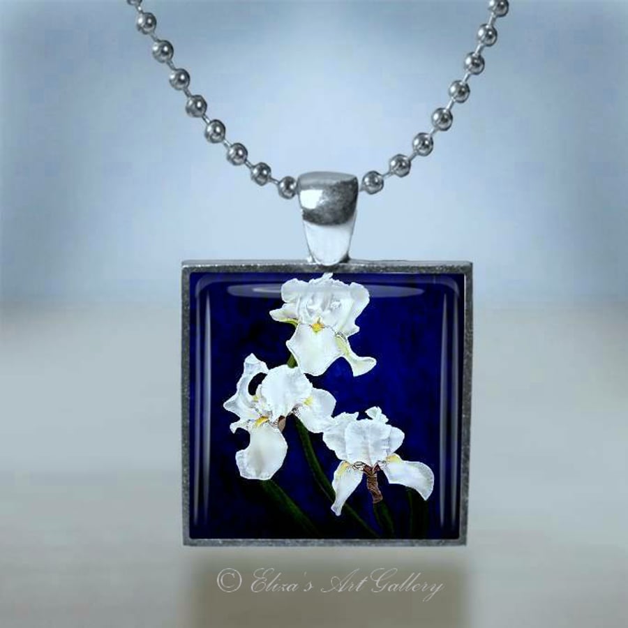 Silver Plated White Iris Flowers Art Pendant Necklace