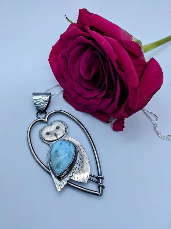 Silver owl pendant, Larimar pendant, Original owl pendant, Unique owl jewellery,