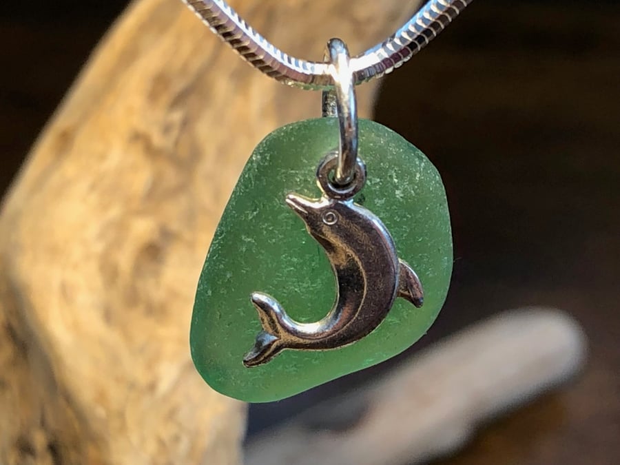 Sea Glass & Sterling Silver Dolphin Necklace