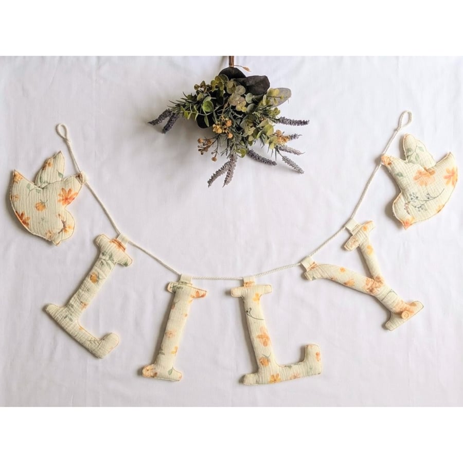 Personalised Floral Name Garland - Fabric Dove Nursery Decor - Muslin Baby Gift