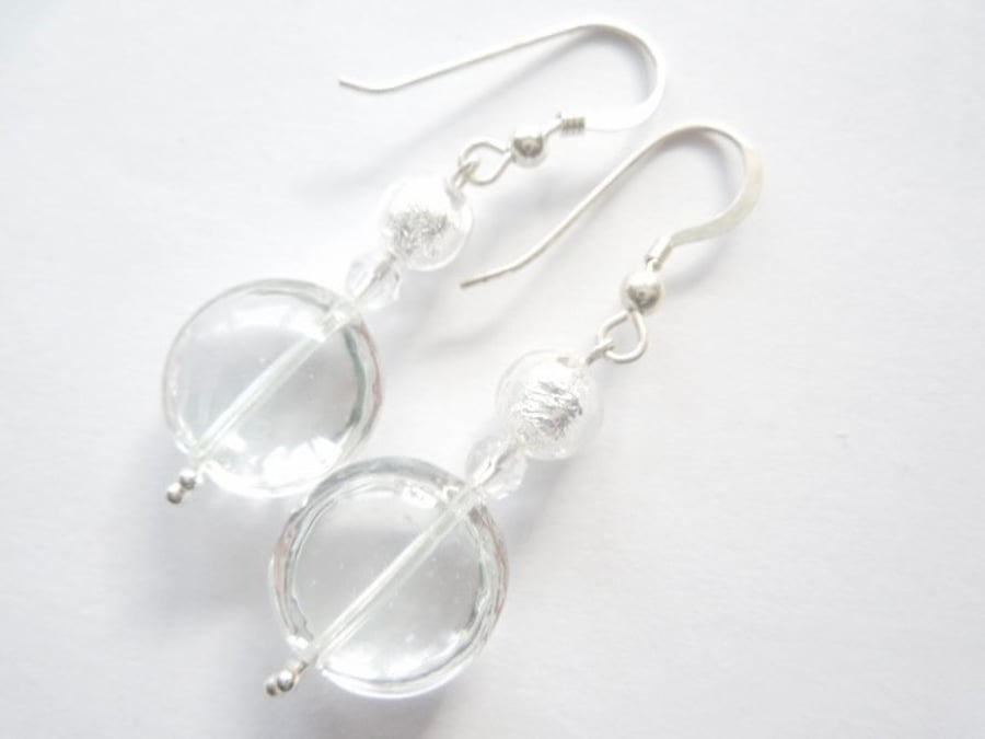 Murano glass crystal clear and silver lentil drop earrings with sterling silver.