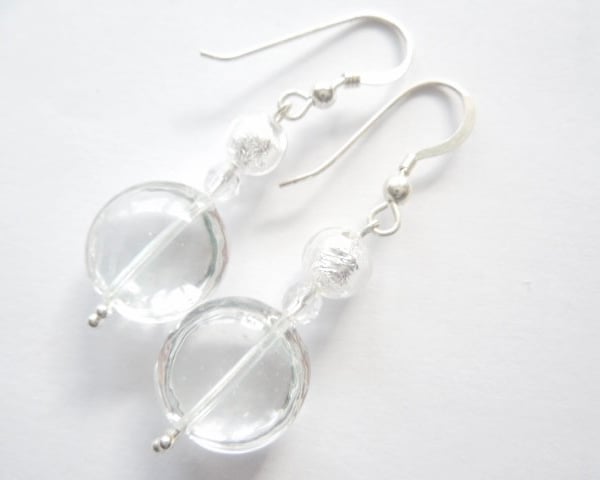 Murano glass crystal clear and silver lentil drop earrings with sterling silver.