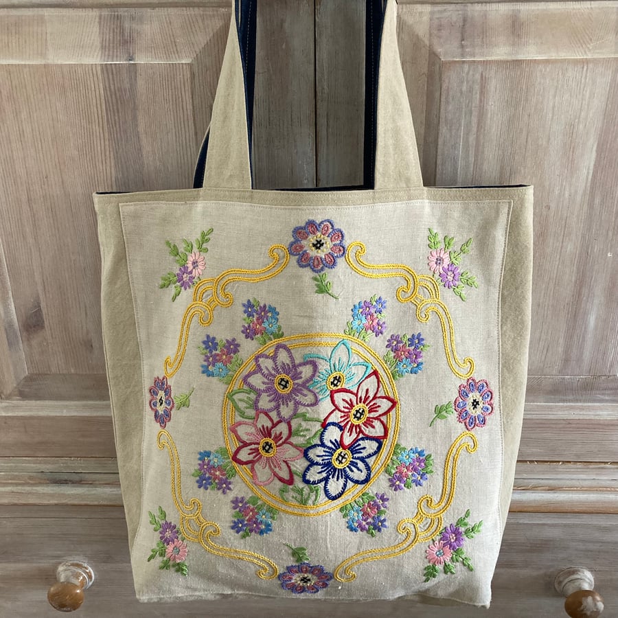 Reversible Cotton Canvas And Denim Shopper With Vintage Embroidery 