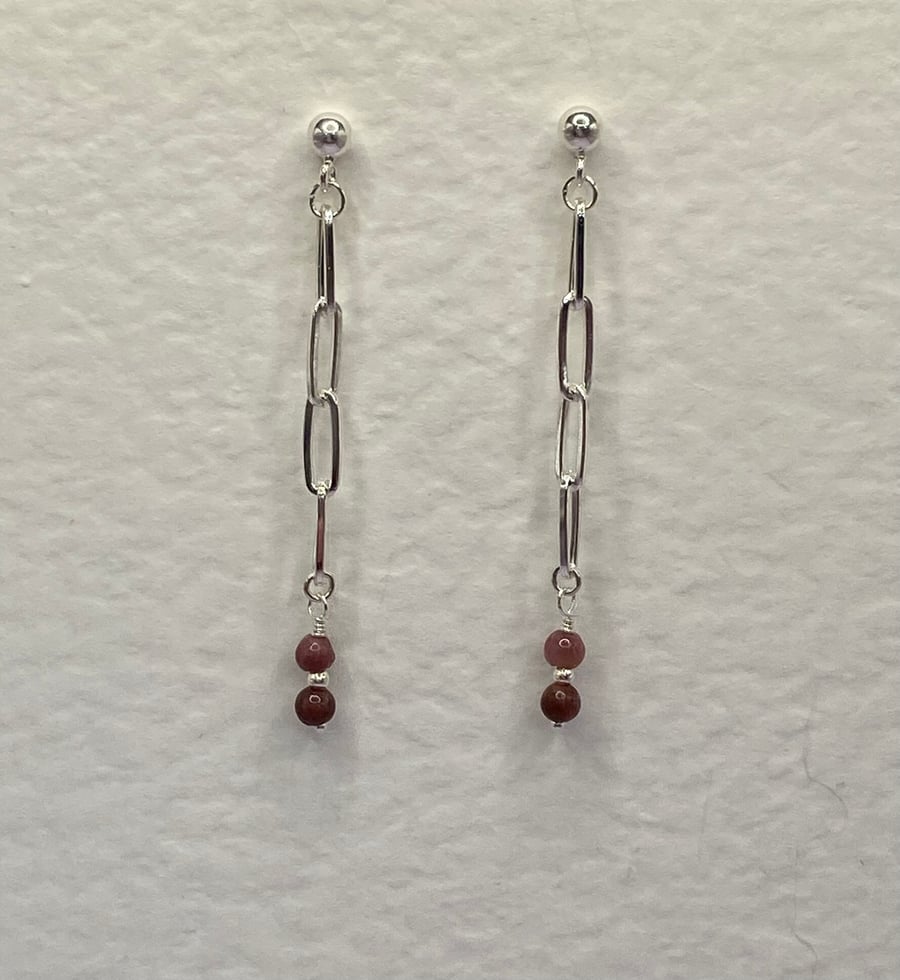 Paperclip chain drop earrings with pink and plum tourmaline stones