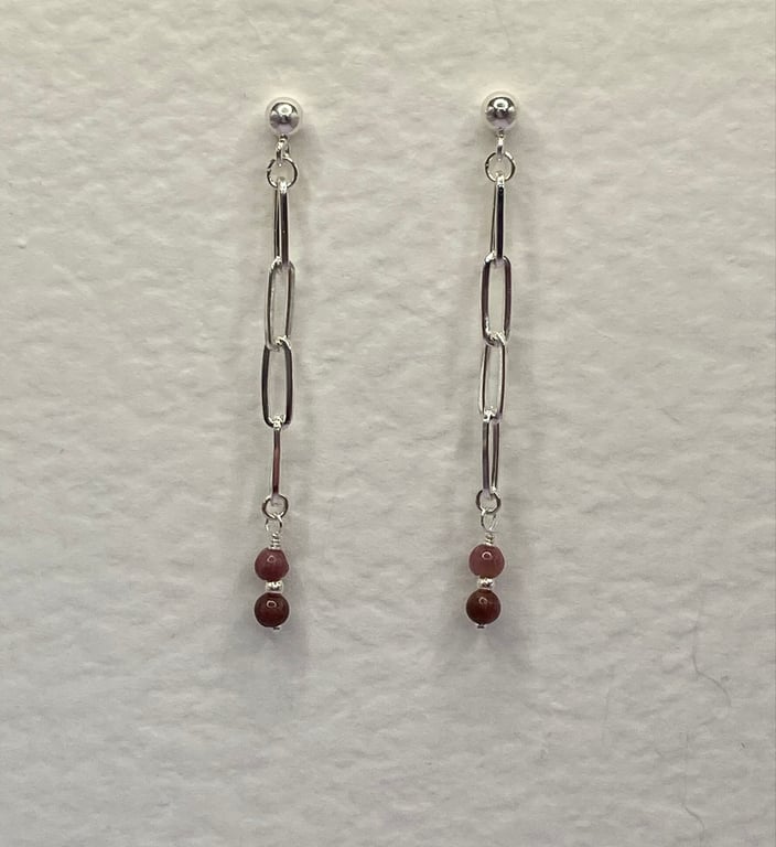 Paperclip chain drop earrings with pink and plum tourmaline stones